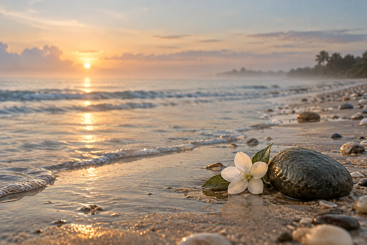 A pale white flower resting beside a smooth stone on a quiet shoreline at dawn